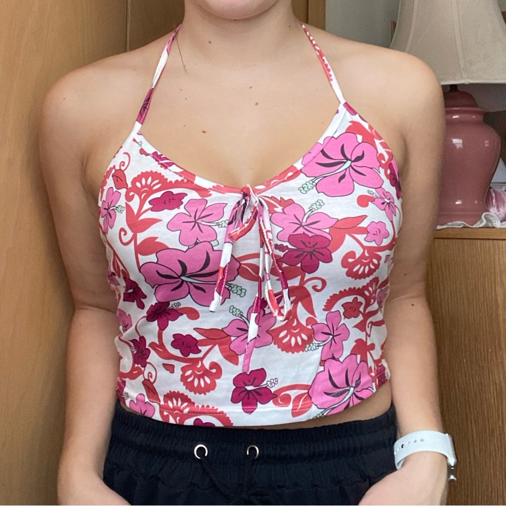 Hawaiian Floral Halter Top - Pink and White